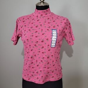 Deadstock pink floral 90s ribbed mock neck tee